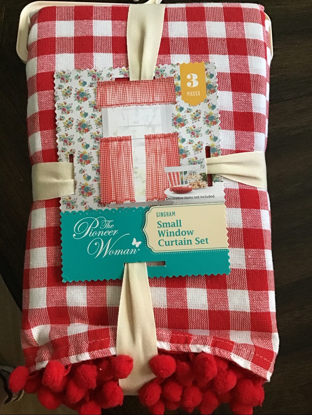Pioneer Woman small window kitchen curtain set red gingham Pom poms fringe